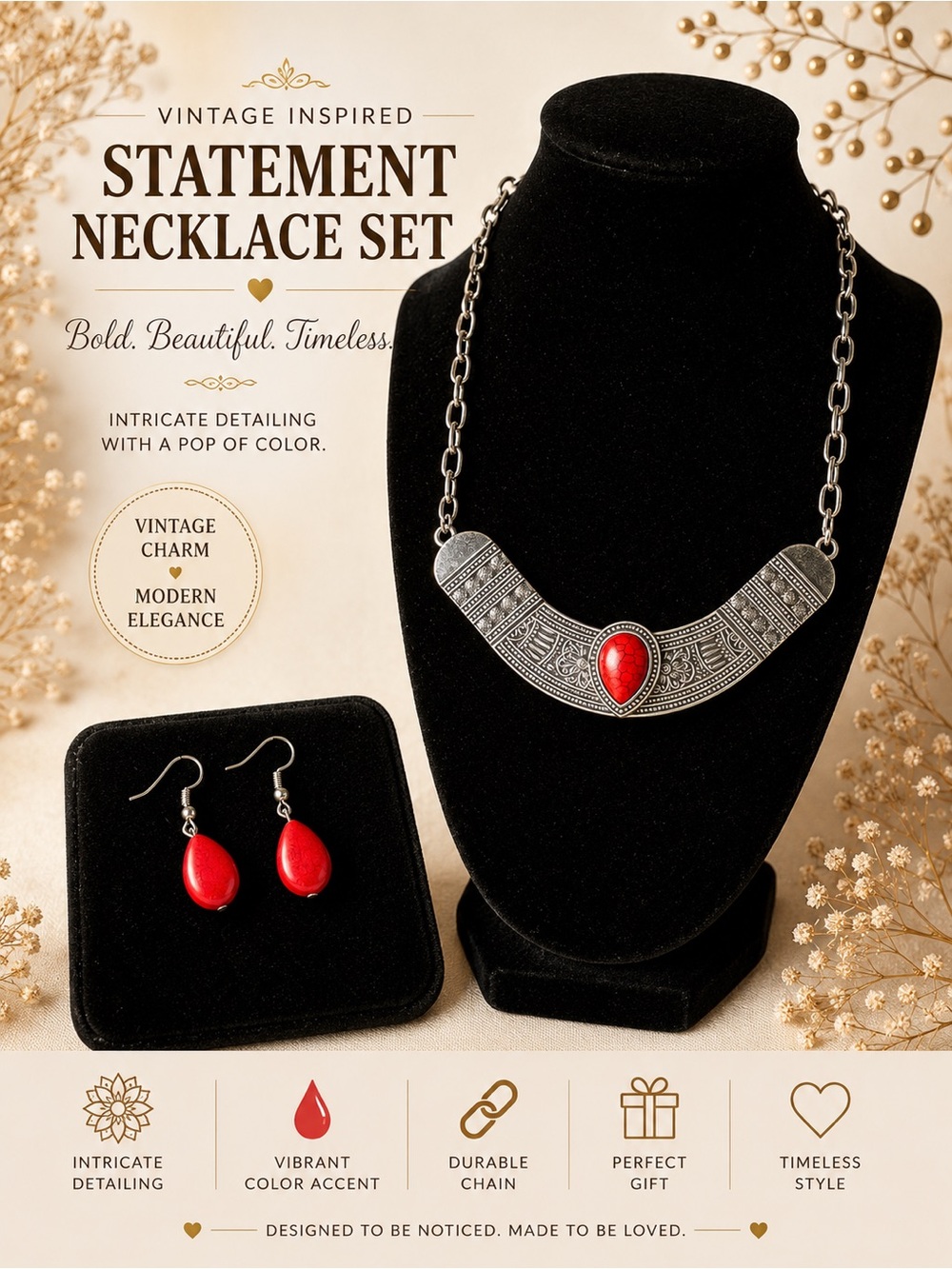 3/30 ✨✨ Red Teardrop Accent Silver-Tone Statement Necklace Set